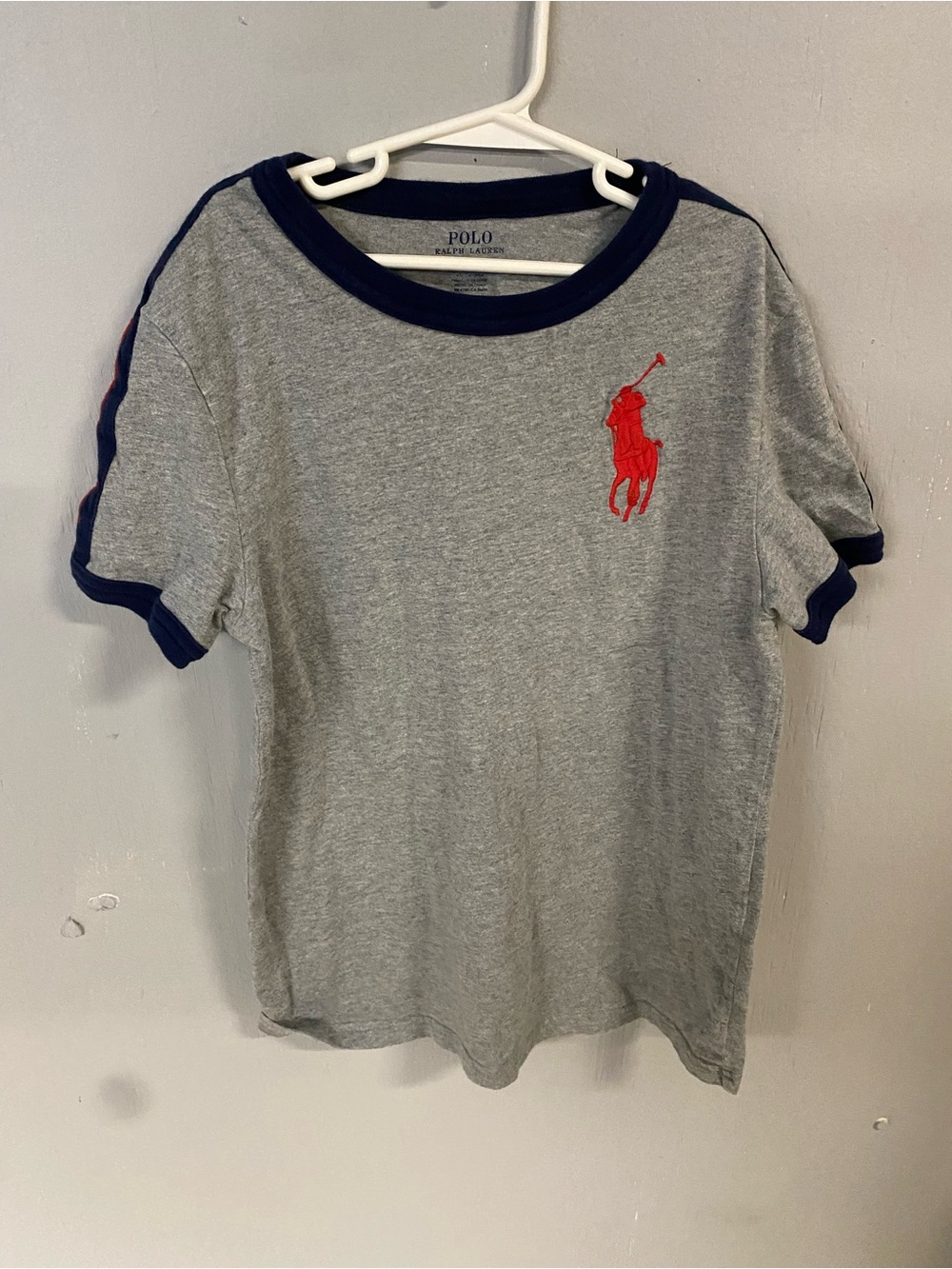 Boys Medium Polo Ralph Lauren Gray Tee with Red Logo and Navy Trim